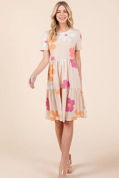 BOMBOM Floral Round Neck Short Sleeve Tiered Dress