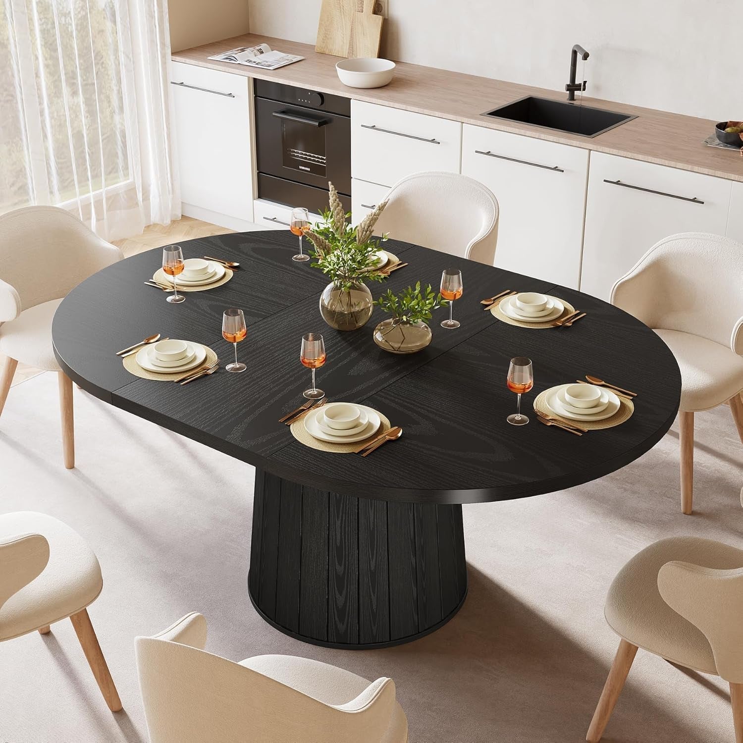 Oval Dining Table 55 Inch Black With Cylindrical Pedestal-2