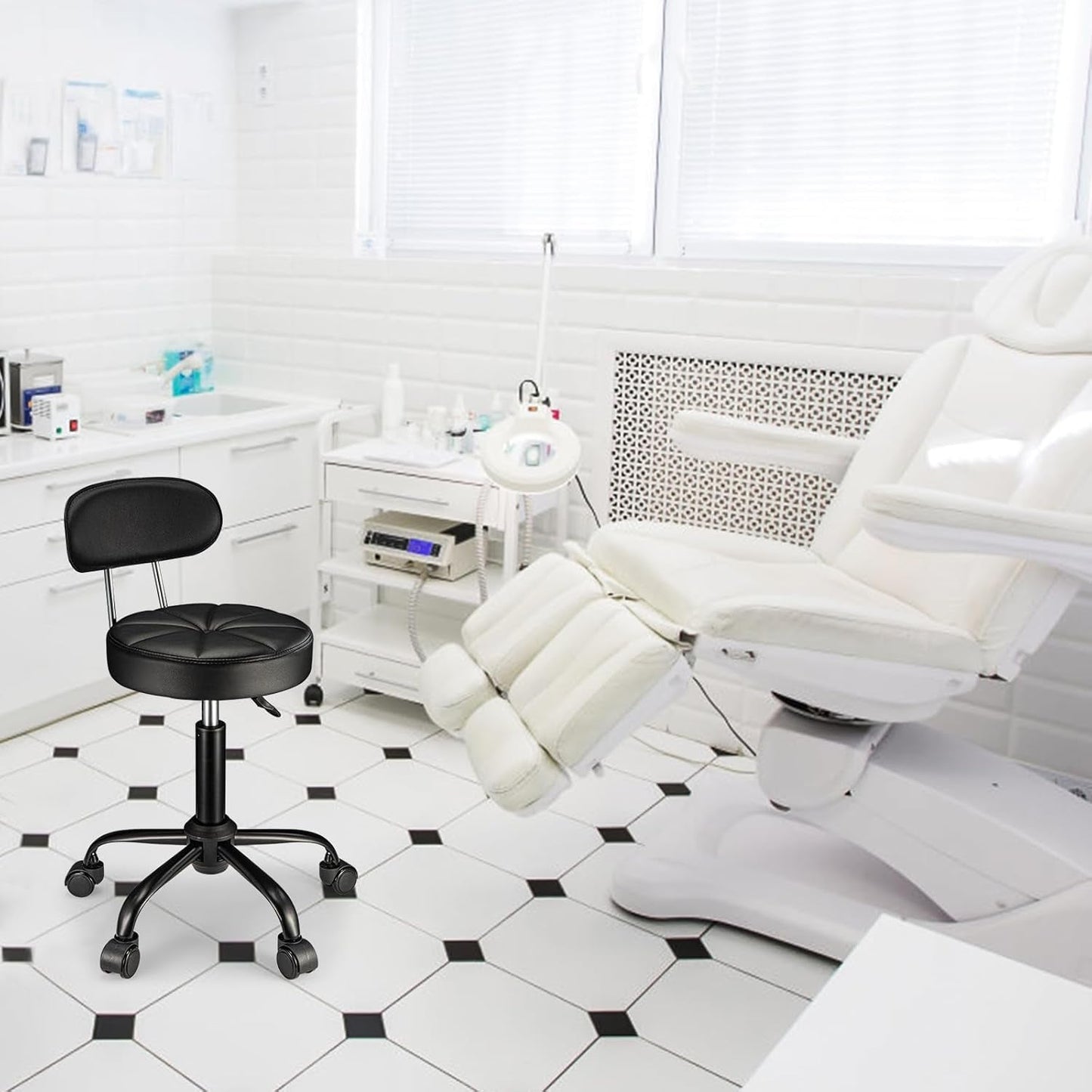 Swivel Rolling Stool with Wheels Height Adjustable Chair Rolling Drafting Chair Spa Stool Chair Backrest Black-1