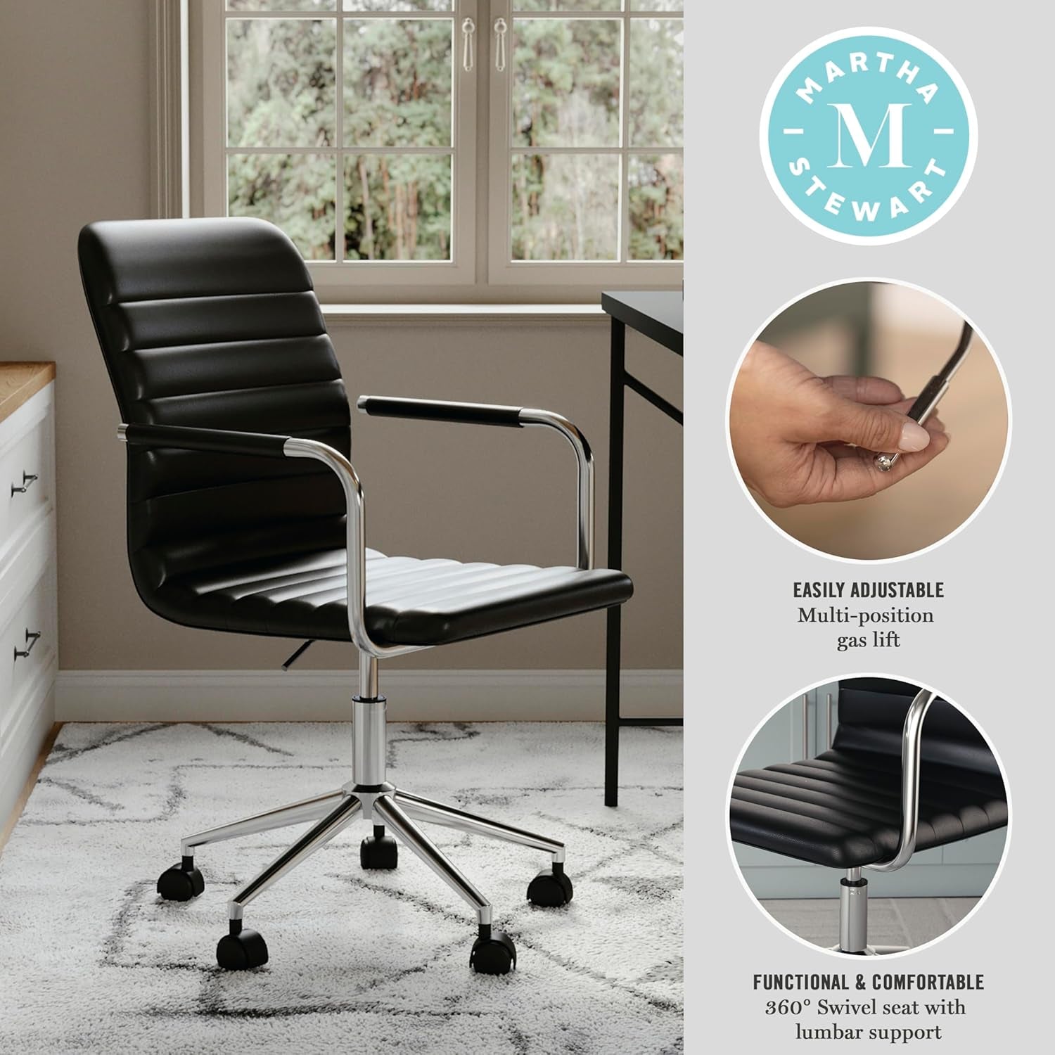 Taytum Swivel Task Chair with Armrests for Home Office in Black Faux Leather with Polished Nickel Frame-3