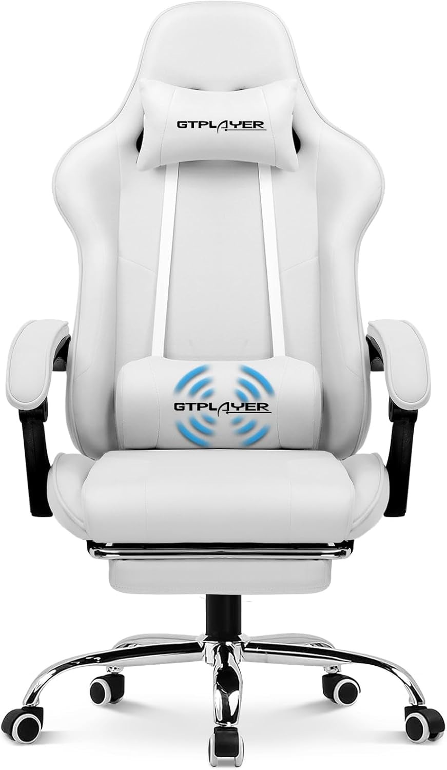 Gaming Chair with Footrest, Computer Chair with and Lumbar Support, Height Adjustable Game Chair with 360°-Swivel Seat and Headrest and for Office or Gaming (All Light Gray-Fabric)-0