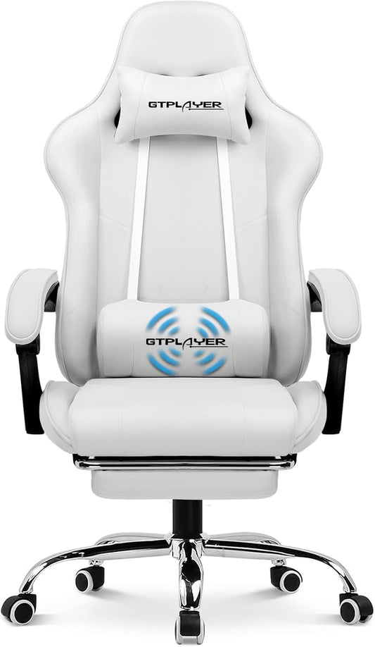 Gaming Chair with Footrest, Computer Chair with and Lumbar Support, Height Adjustable Game Chair with 360°-Swivel Seat and Headrest and for Office or Gaming (All Light Gray-Fabric)-0