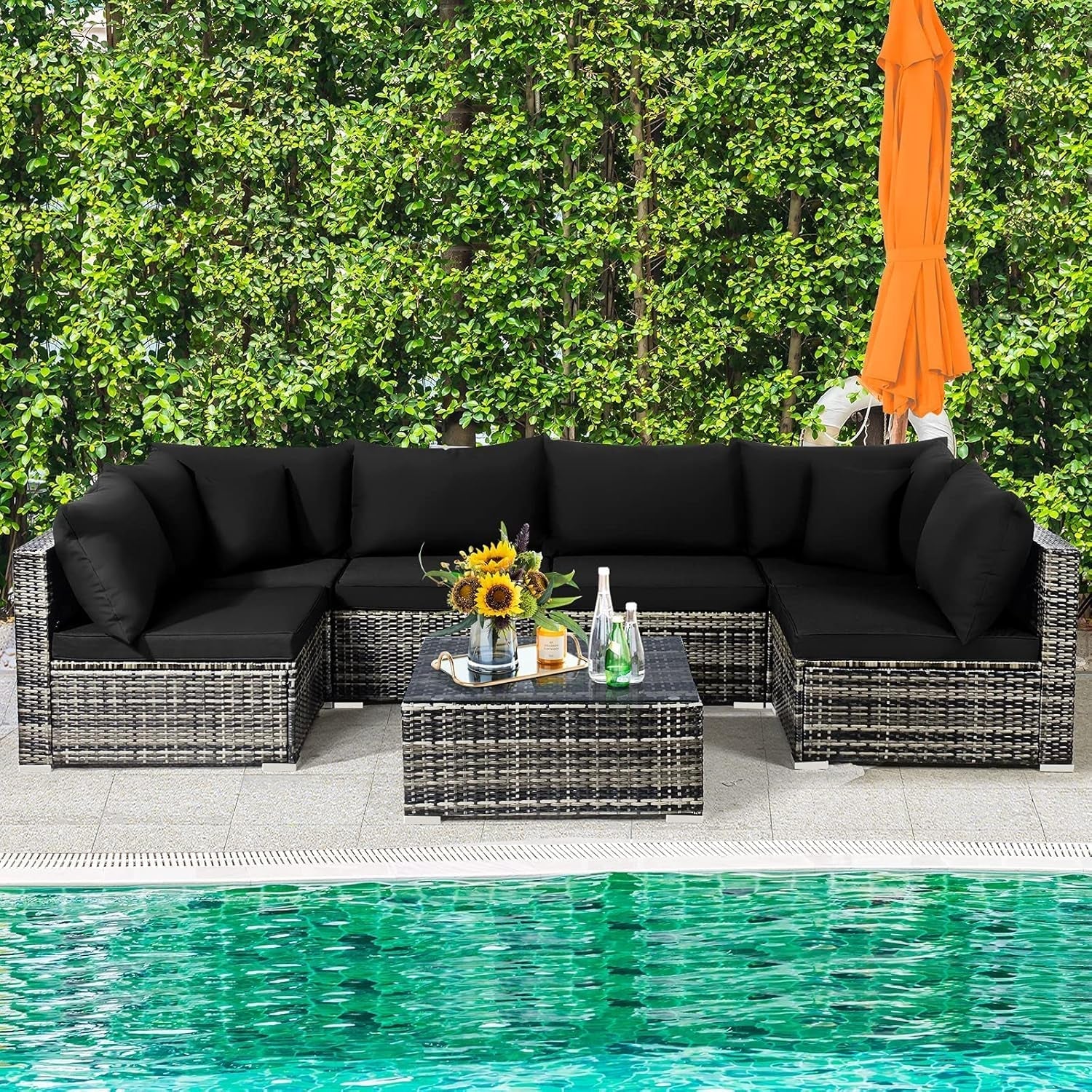 Seven Piece Outdoor Rattan Furniture Set with Cushions-1
