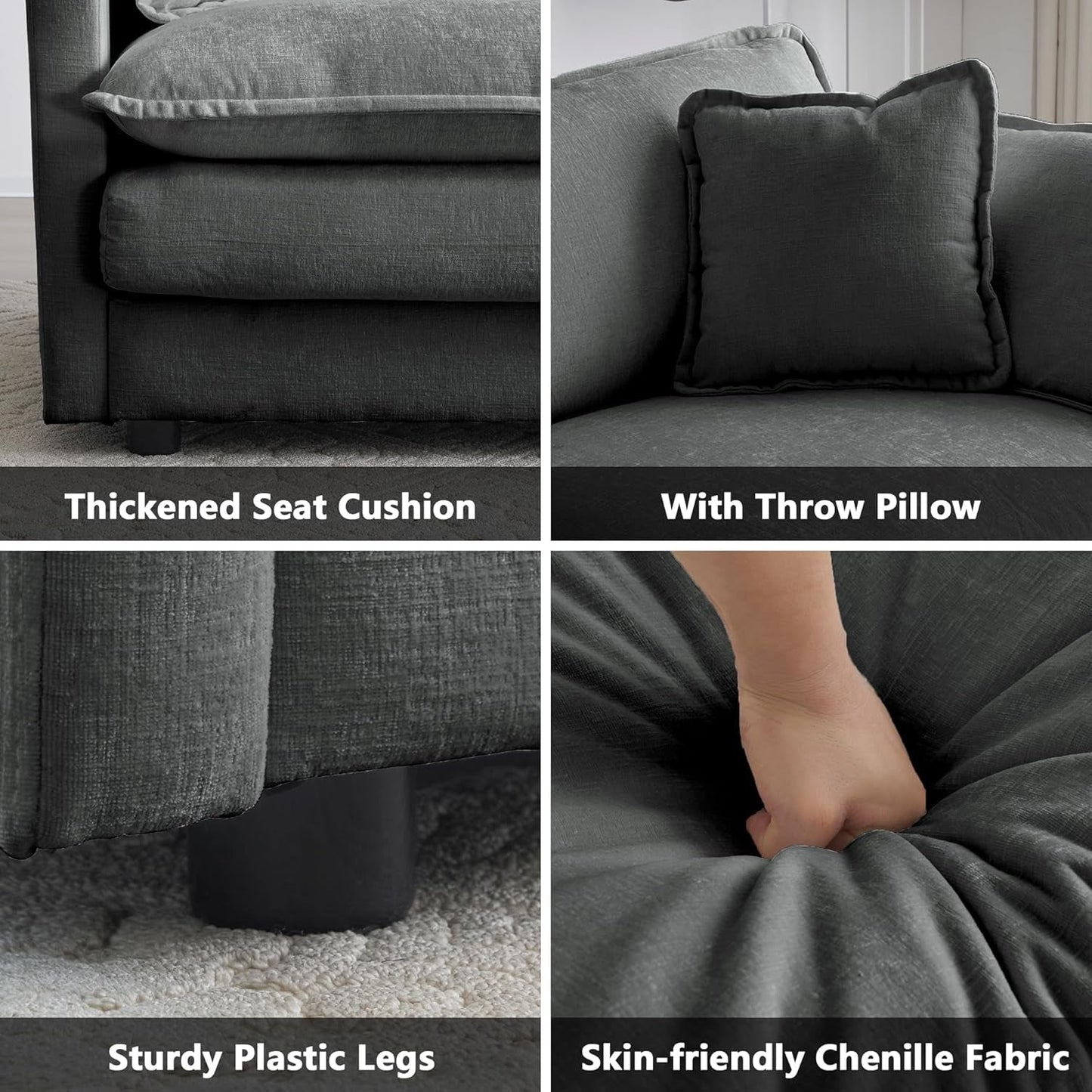 Luxury 3 Piece Sofa Set, 2 Pieces of Single Sofa and 1 Piece of 3 Seater Sofa, Modern Chenille Comfy Cloud Couches Set with 7 Pillows for Living Room Office, Grey-4