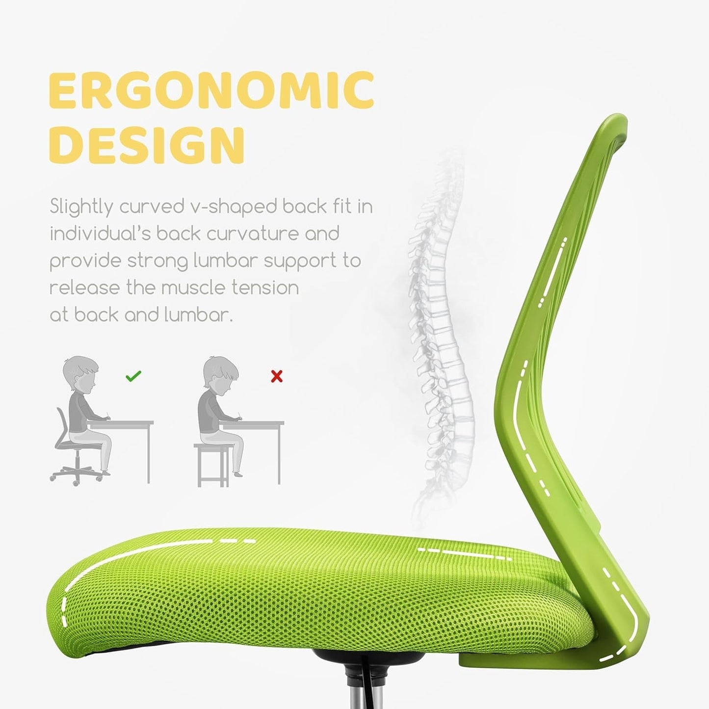 Kids Cute Desk Chair Small Computer Desk Chair for Teens Low-Back Armless Study Chair Swivel Task Chair Bedroom School Chair with Lumbar Support, Green-3