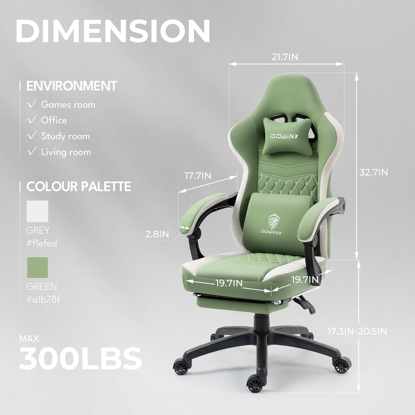 Gaming Chair Breathable Fabric Computer Chair with Pocket Spring Cushion, Comfortable Office Chair with Gel Pad and Storage Bag,Massage Game Chair with Footrest,Green-2