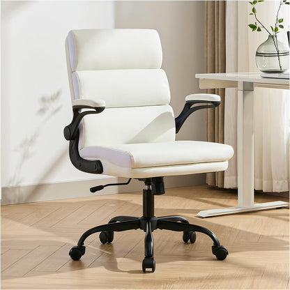 Office Chair Adjustable Desk Chair Mid Back Executive Comfortable Bonded Leather Ergonomic Back Support Home Computer Chair with Padded Flip-Up Armrest Swivel Wheels (White)-0