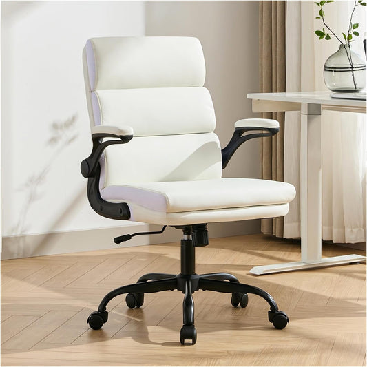Office Chair Adjustable Desk Chair Mid Back Executive Comfortable Bonded Leather Ergonomic Back Support Home Computer Chair with Padded Flip-Up Armrest Swivel Wheels (White)-0