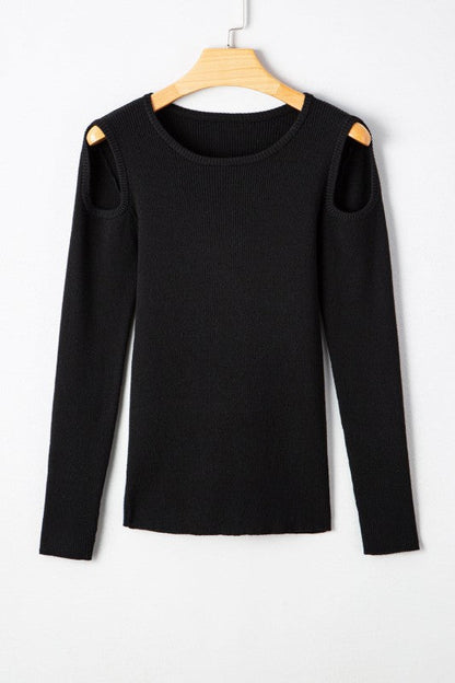 Threaded Pair's Ribbed Knit Cold Shoulder Sweater