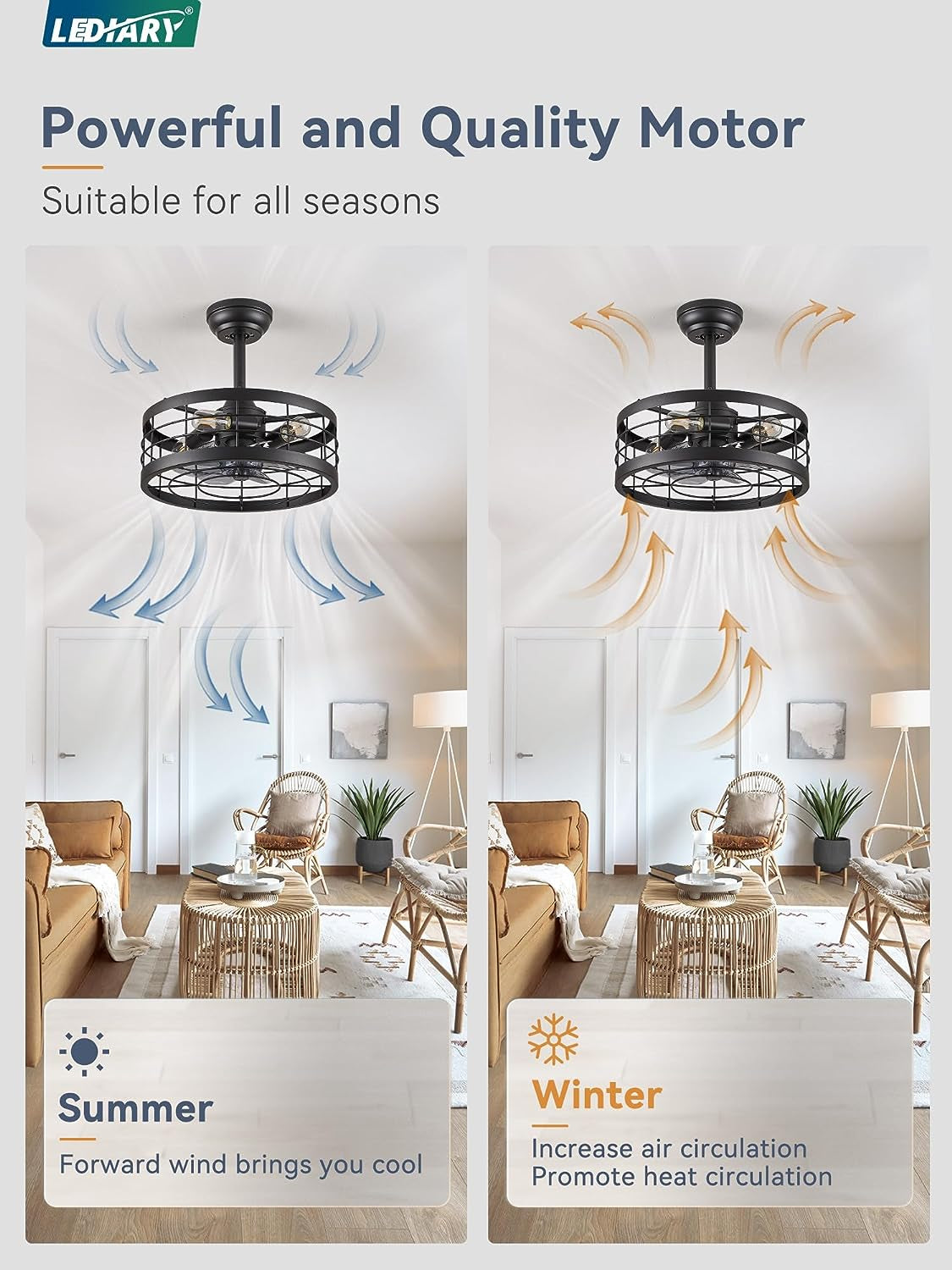 16.5 Inch Black Caged Ceiling Fan with Light, Fandelier Industrial Ceiling Fan with Remote, Farmhouse Fan Lights Ceiling Fixtures for Kitchen, Bedroom, Outdoor（6 Speed, Timing）-Black-2