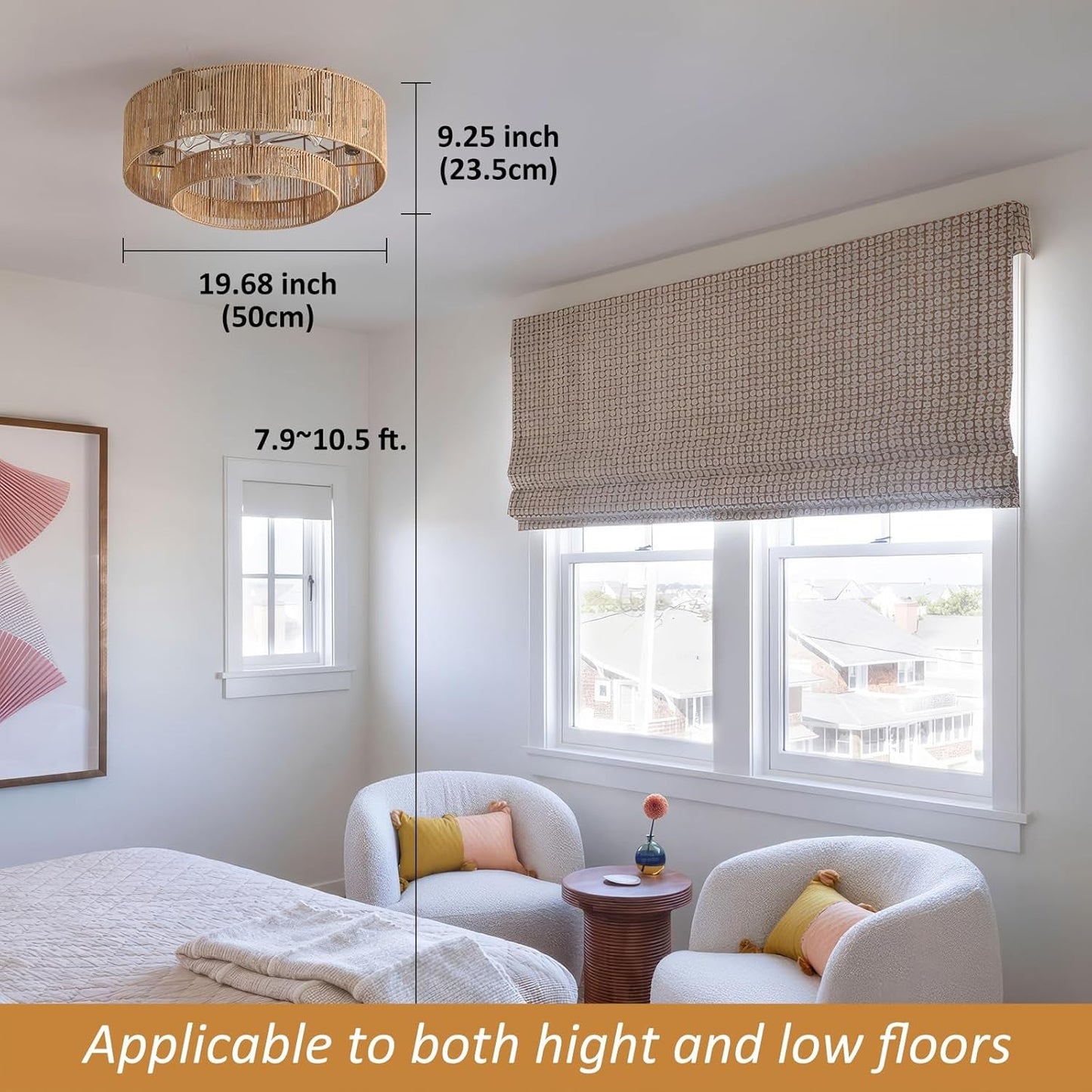 Boho Flush Mount Rattan Ceiling Fan with Light-3