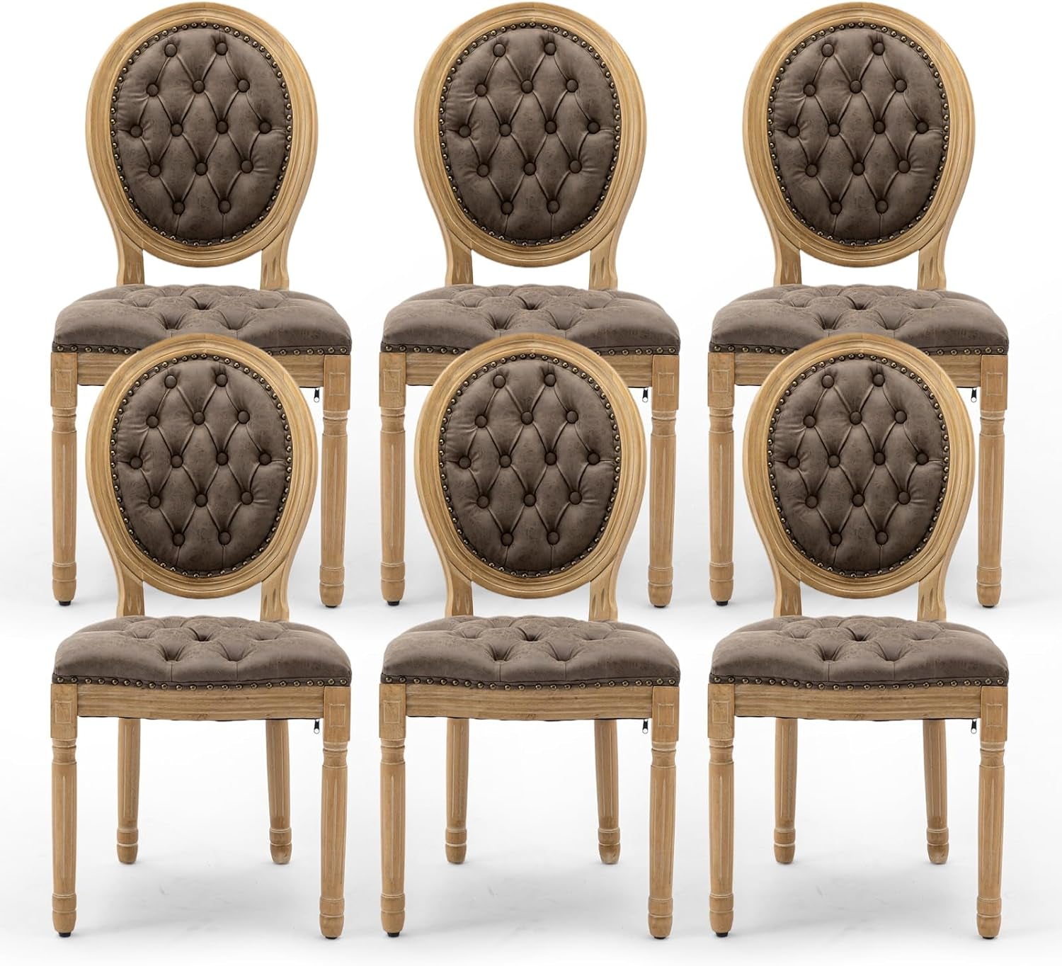 PU Leather Upholstered Dining Chairs Set of 6 French Country round Back Kitchen Side Chairs with Nailhead Trim and Wood Legs for Dining Room, Kitchen, Restaurant(Brown)-0