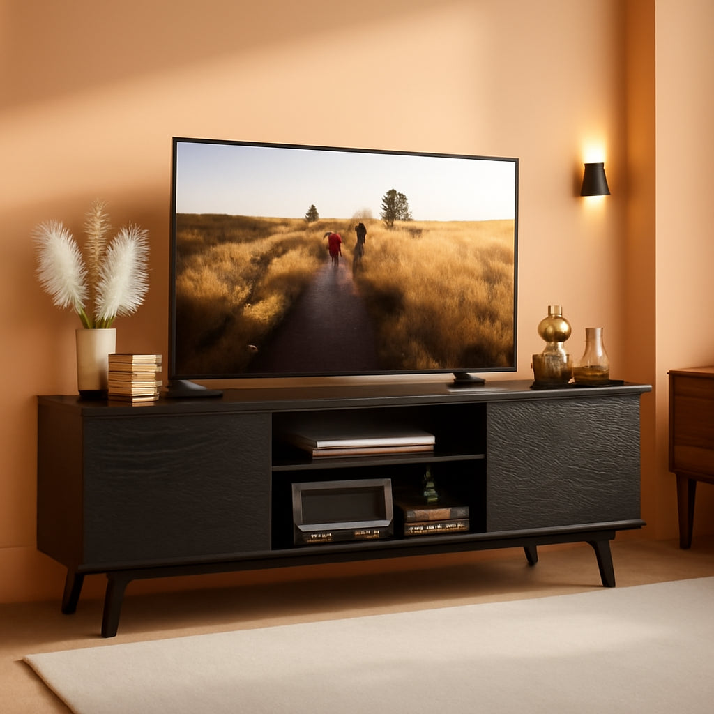 TV Stand for 55 60 Inch TV, Entertainment Center with Storage Cabinets, Rustic TV Console for Living Room Decor, Black-0