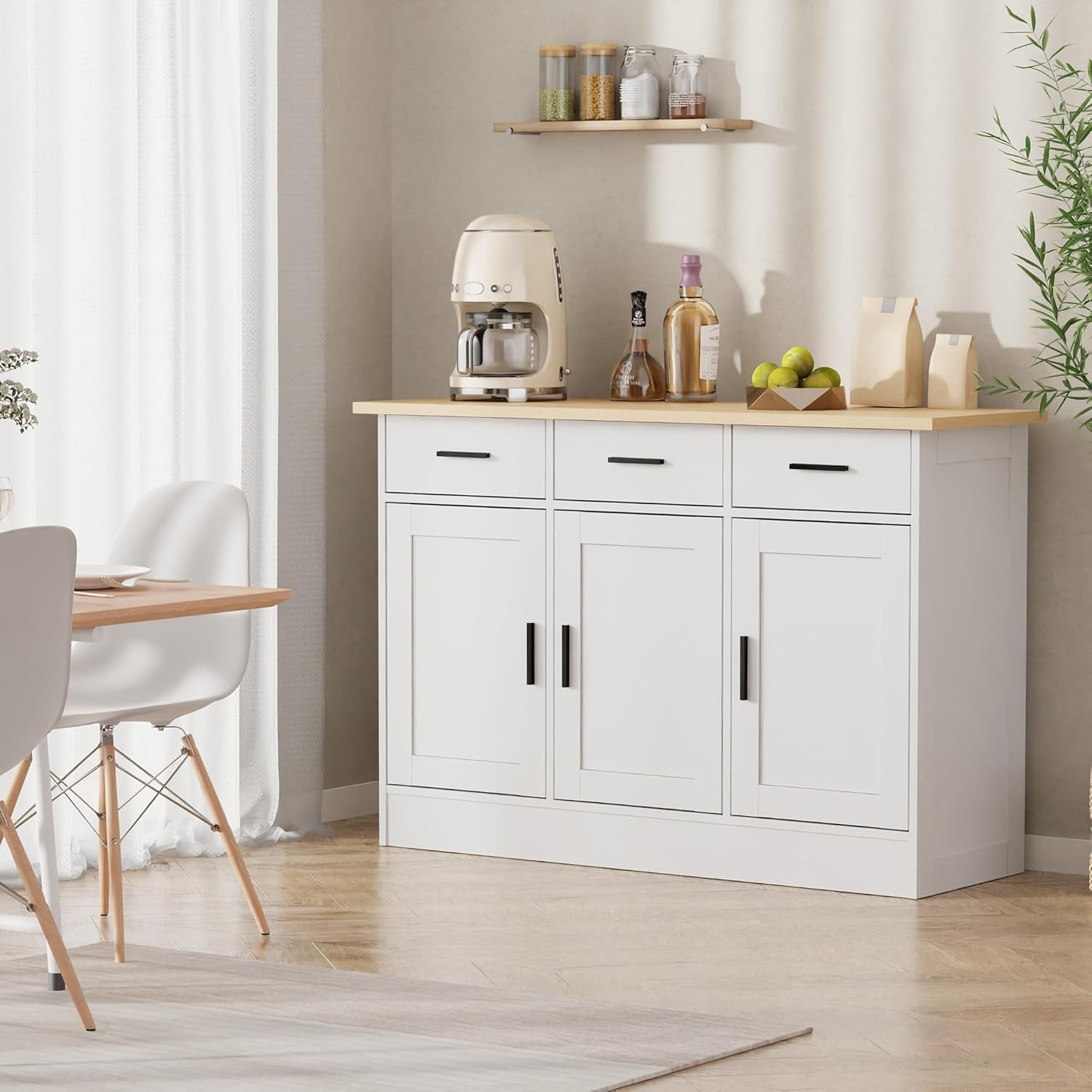 White Buffet Cabinet With Storage 47W Three Doors Drawers-1