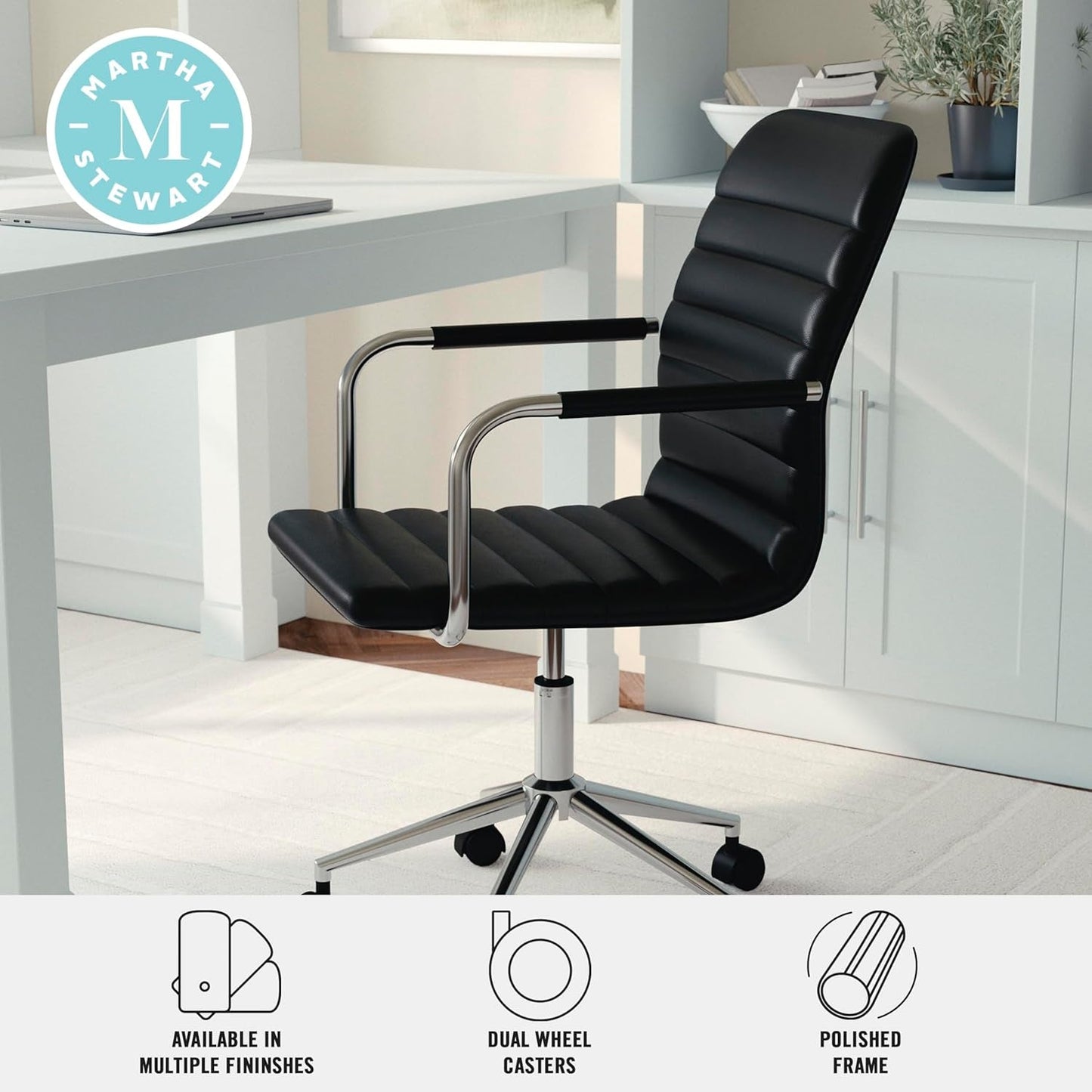 Taytum Swivel Task Chair with Armrests for Home Office in Black Faux Leather with Polished Nickel Frame-4