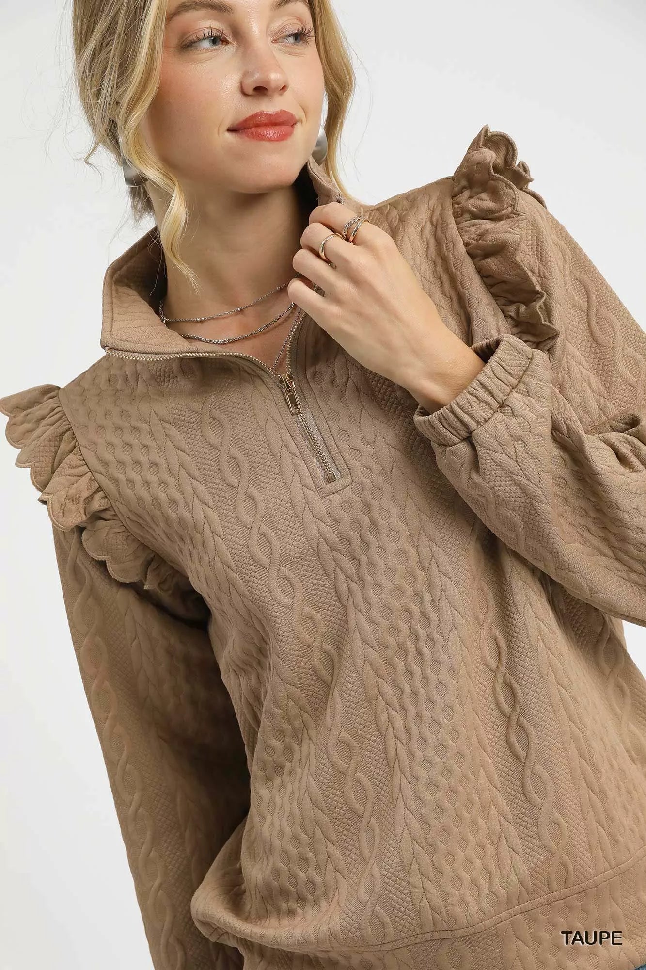 Umgee Cable Knit Textured Pullover with Ruffle Shoulders