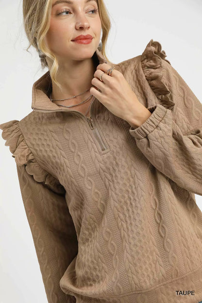 Umgee Cable Knit Textured Pullover with Ruffle Shoulders