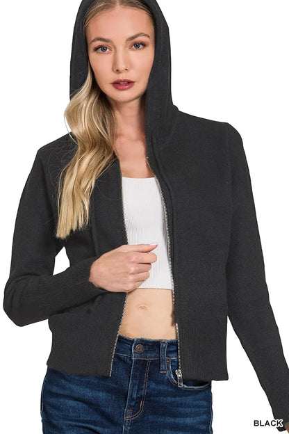 Zenana Drawstring Zip Up Hooded Cardigan