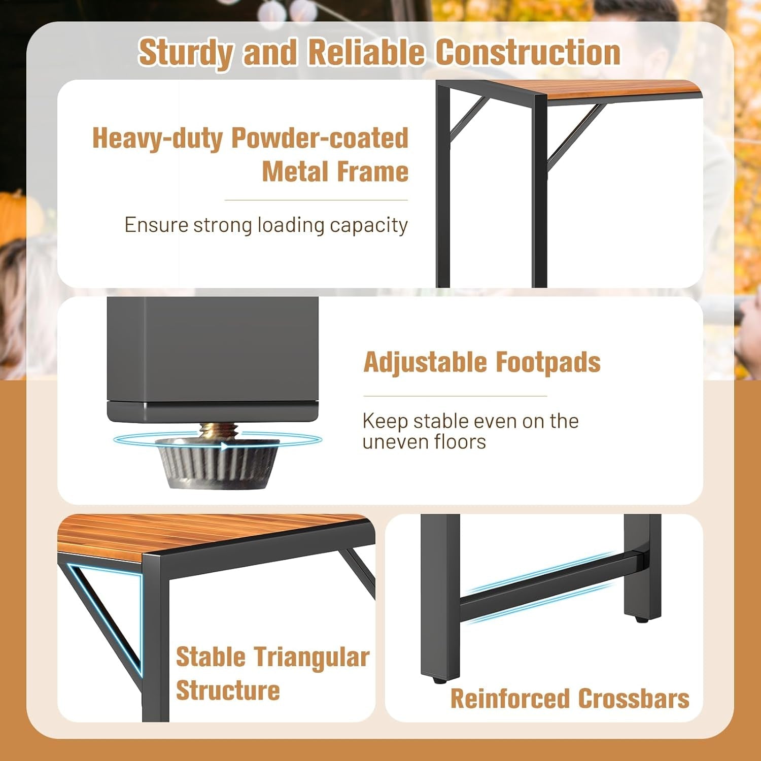 3 Pieces Patio Dining Set for 6 People, Outdoor Picnic Table & 2 Benches, 53” Acacia Wood Dining Table W/Metal Frame, Space-Saving Dinette Set for Garden Porch Poolside Yard Balcony-3