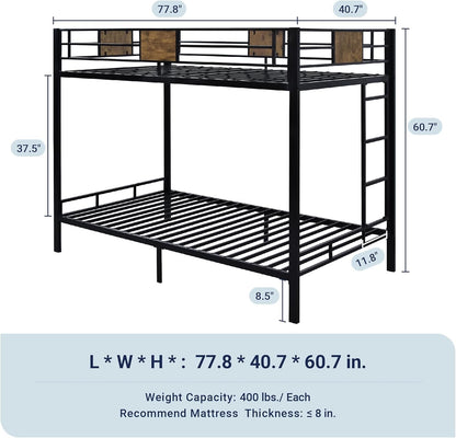 Twin over Twin Bunk Bed with Rustic Wooden Accents, Sturdy Metal Frame, Space-Saving Design, Noise-Free, Black-1