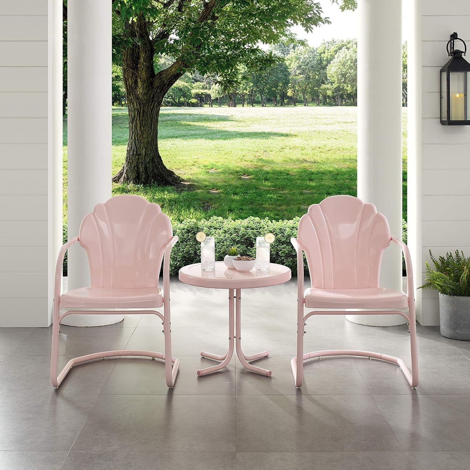 Tulip 3-Piece Outdoor Chair and Side Table Set, Retro Metal Patio Conversation Sets, Pink-4