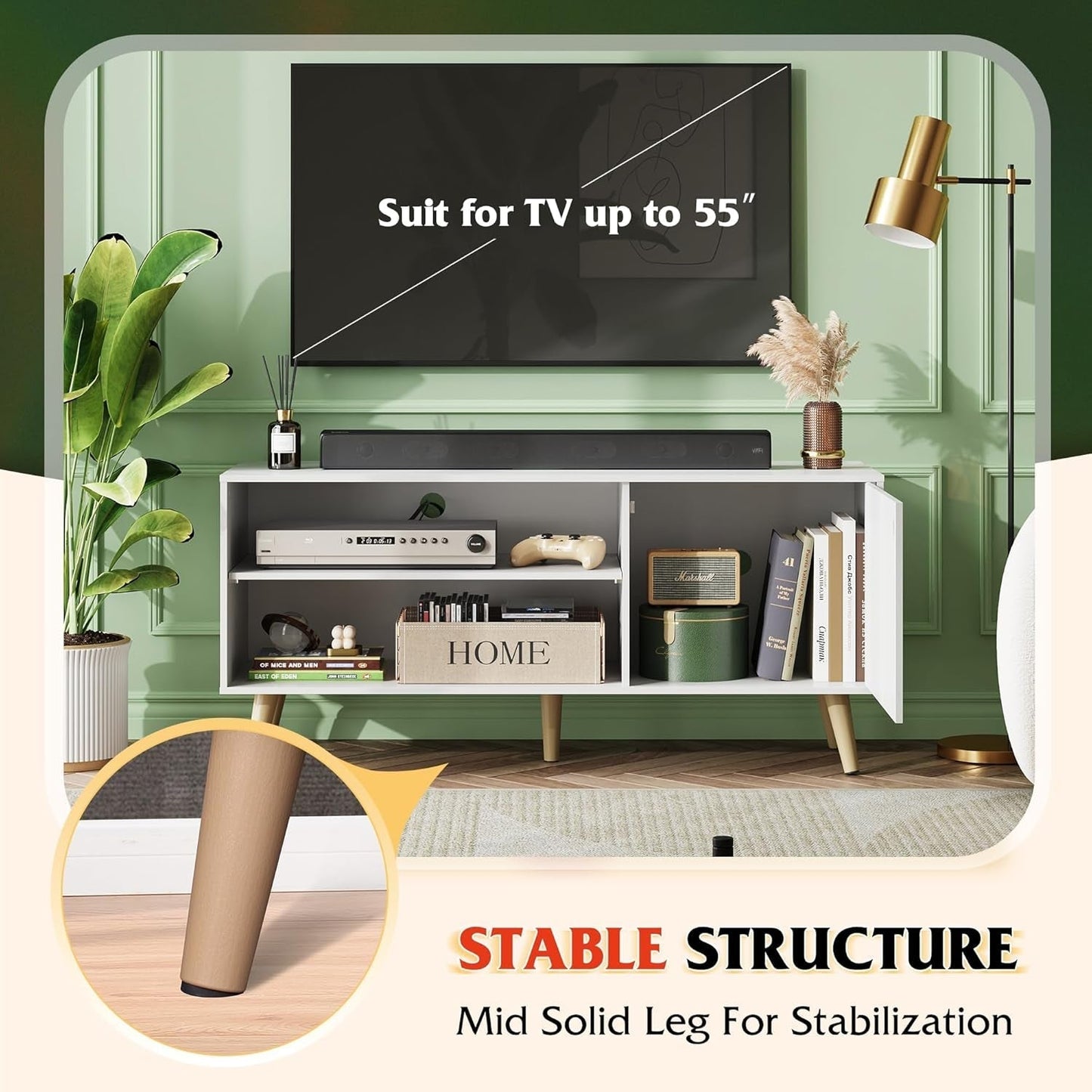 TV Stand for 55 Inch Tvs, Entertainment Center with Storage Cabinet, Mid-Century TV Stands for Living Room and Bedroom, 50" TV Console, White-2