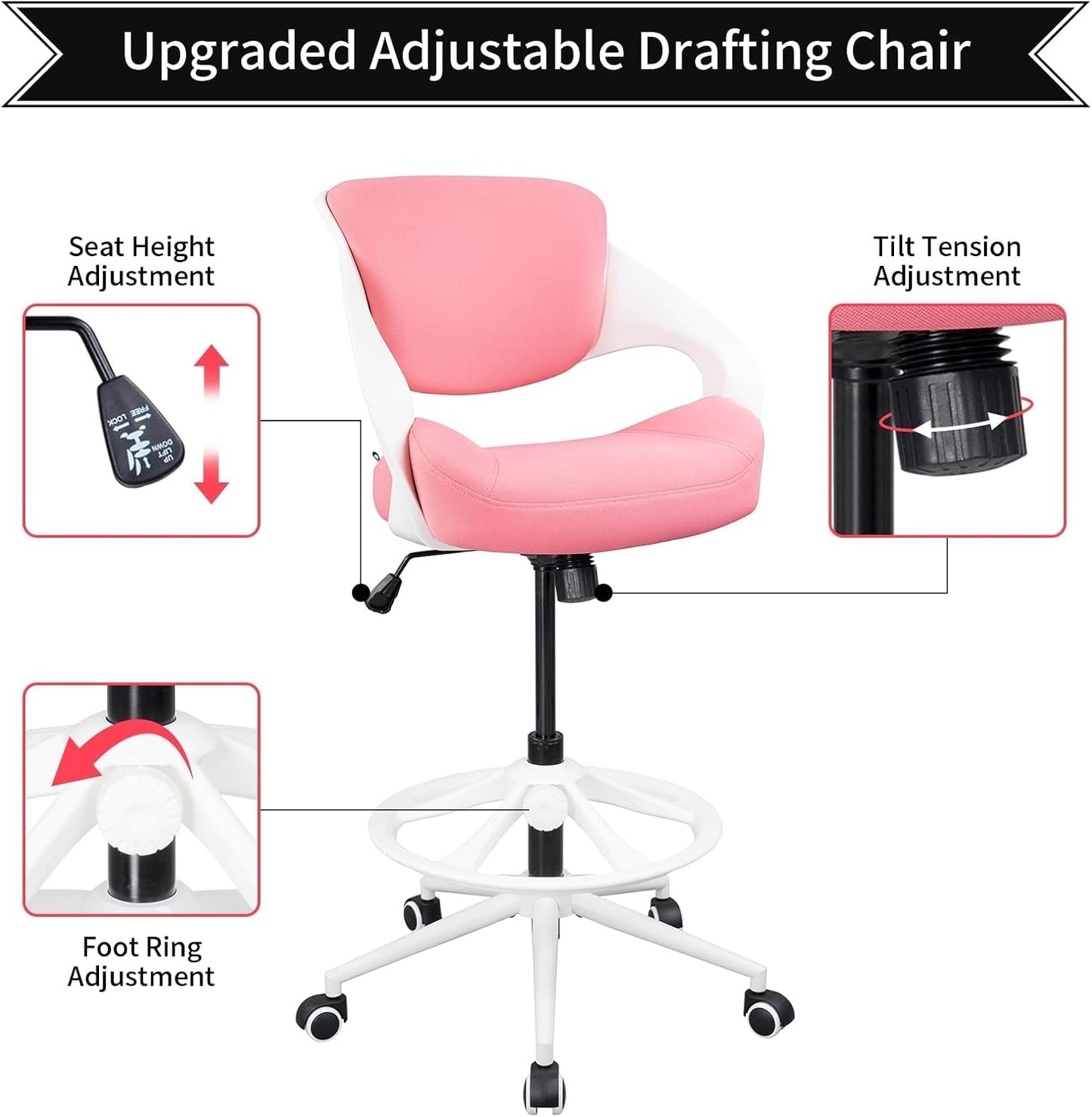 Ergonomic Drafting Chair,Standing Computer Desk Chair,Foot Ring,Lumbar Support,Swivel Task Chair-Pink-3