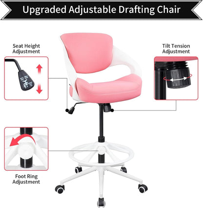 Ergonomic Drafting Chair,Standing Computer Desk Chair,Foot Ring,Lumbar Support,Swivel Task Chair-Pink-3