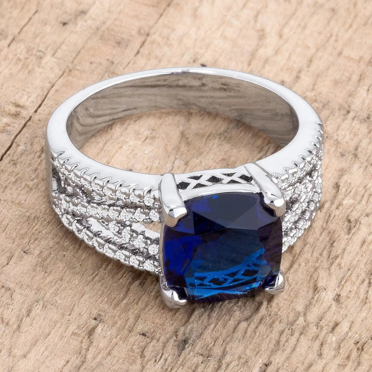 3ct Elegant Silvertone Criss-Cross Sapphire Blue CZ Engagement Ring - Rings
