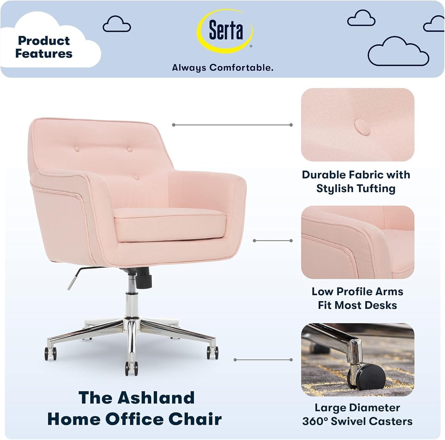 Ashland Home Office Desk Chair with Button Tufted Back, Memory Foam Cushion and Padded Arms, Mid Century Modern Vanity Armchair with Wheels for Bedroom, Chrome Metal Base, Fabric, Blush Pink-3