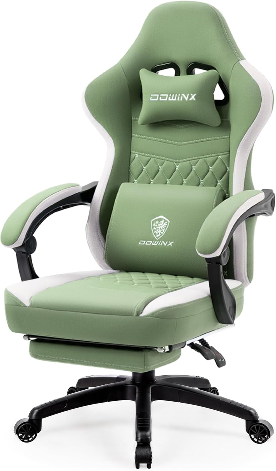 Gaming Chair Breathable Fabric Computer Chair with Pocket Spring Cushion, Comfortable Office Chair with Gel Pad and Storage Bag,Massage Game Chair with Footrest,Green-0