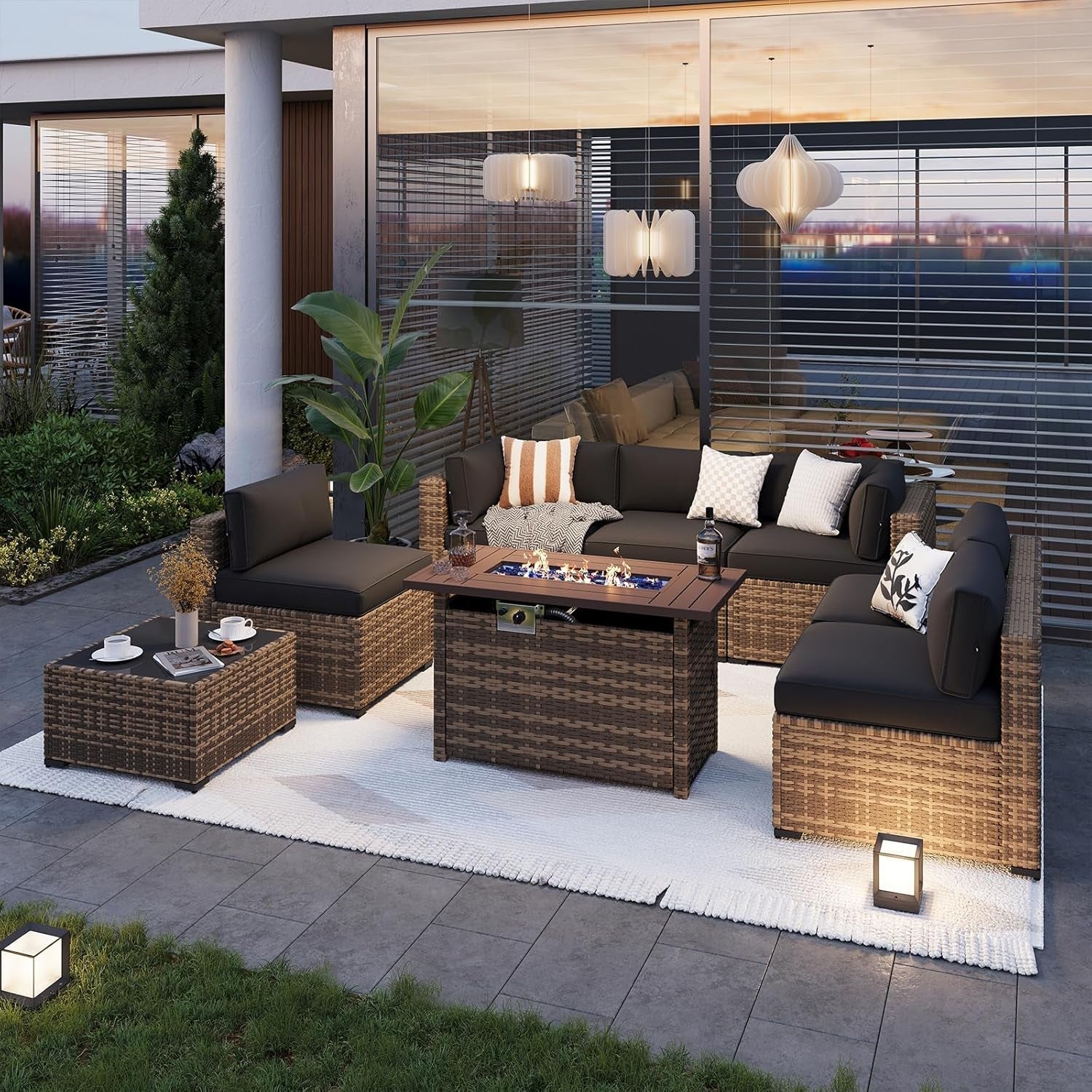 Outdoor Patio Furniture Set with Firepit Table and Cushions-1
