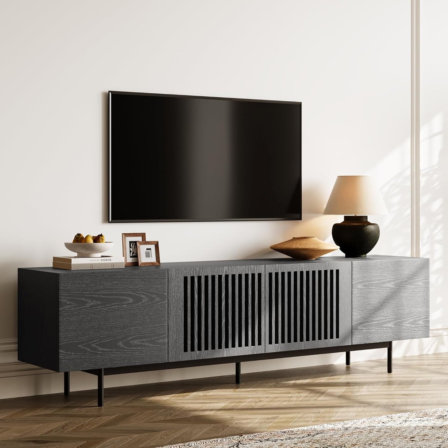 Modern Solid Wood TV Stand, Black Entertainment Center for 70 75 Inch TV, Tall TV Cabinet with Slatted Doors, Tall-Cast Metal Legs, Fully-Assembled, 78"-0