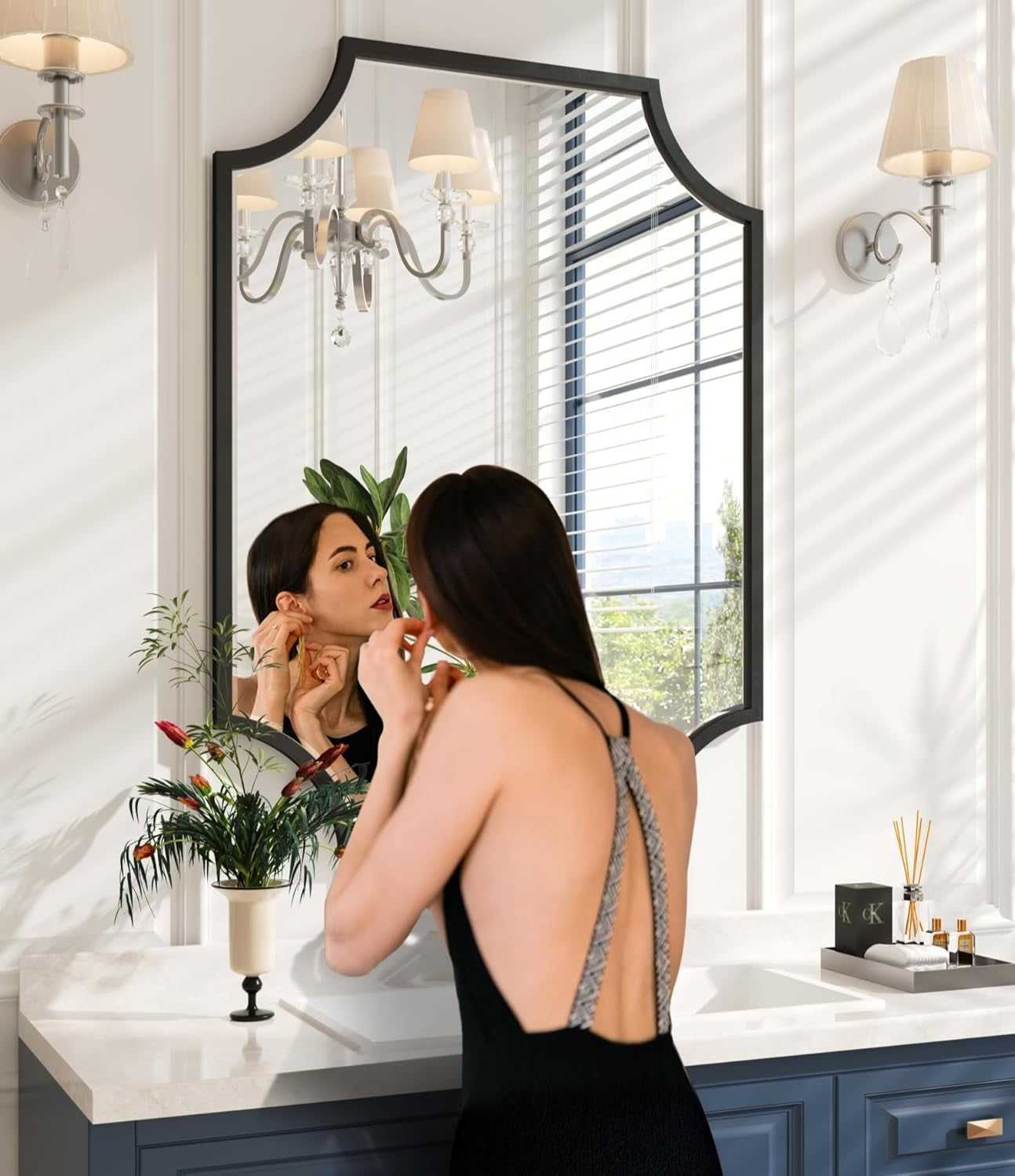 30"X40" Large Black Bathroom Mirror for Wall, Gold Scalloped Vanity Mirror Bevelled Framed Decorative Mirror for Master Bath Half Bath Entrance Hallway Fireplace Bedroom Living Room-2