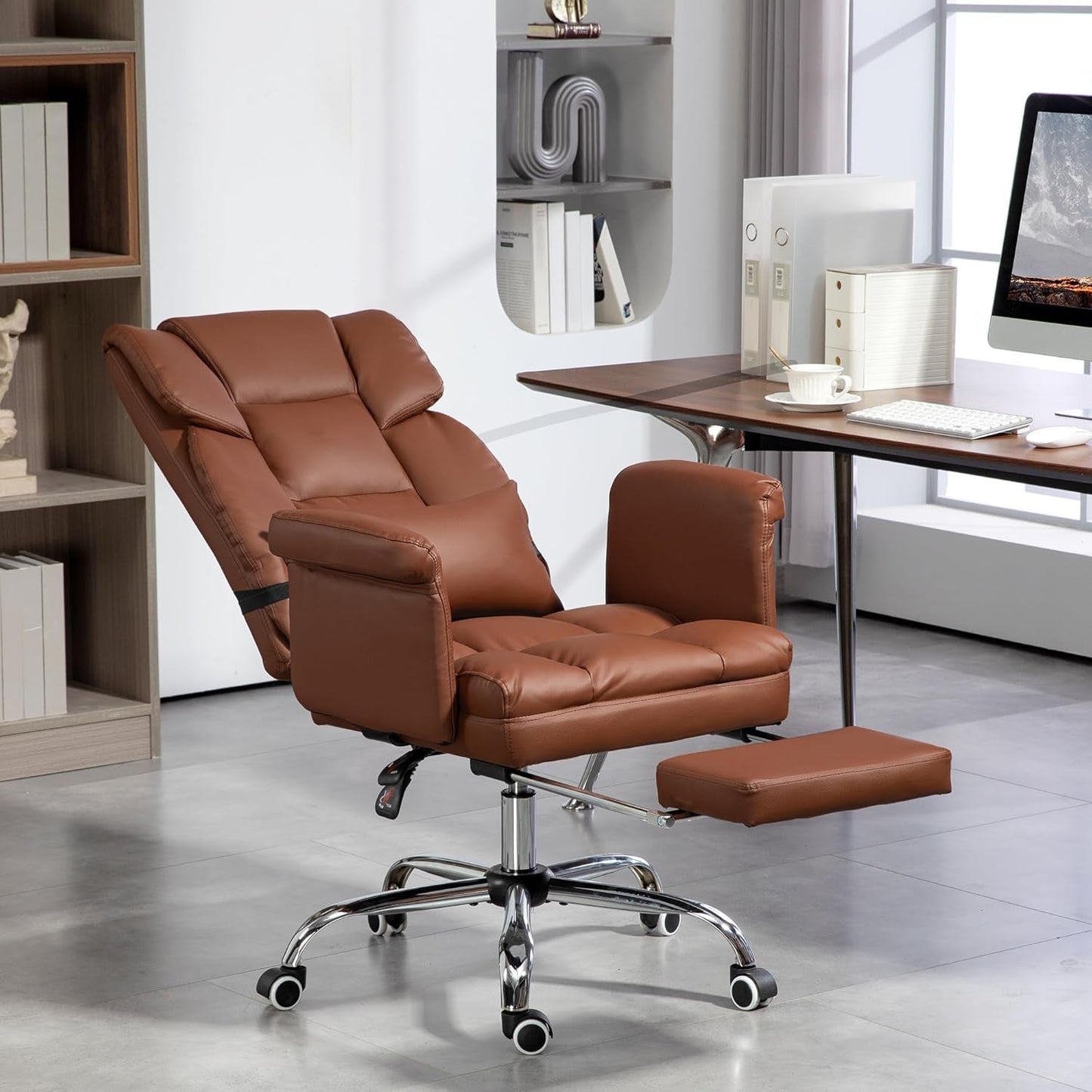 Executive Office Chair with Footrest and Lumbar Support, PU Leather Ergonomic Office Desk Chair, Reclining and Swivel Chair, Brown-1