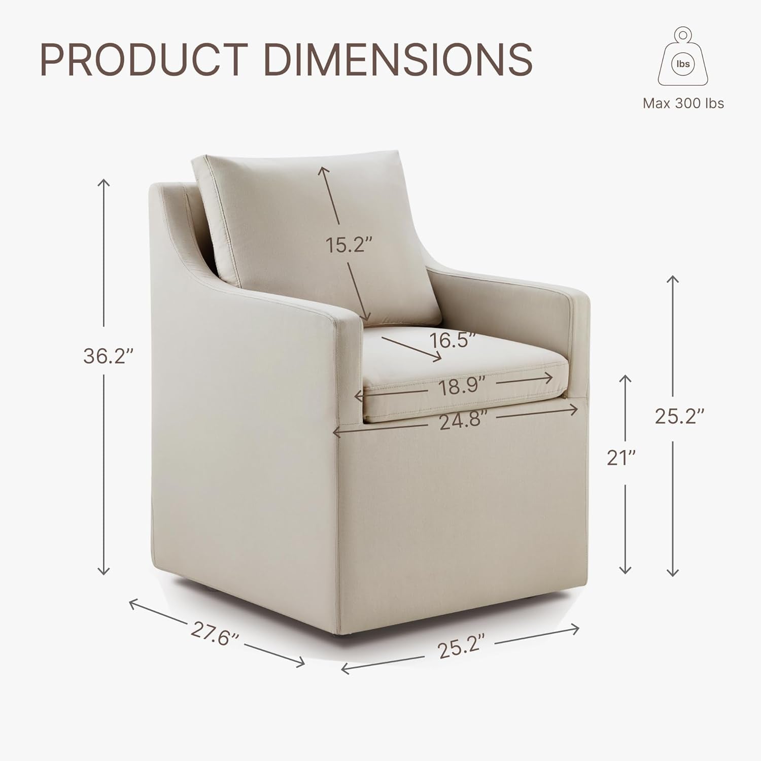 Upholstered Dining Chair with Casters Washable Cover Side Deskchair with Rollers for Diningroom Living Room,Set of 2,Flax Beige-1