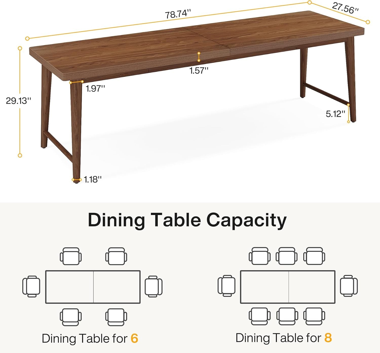 78.7 Inch Walnut Dining Table With Metal Legs Mid Century-1