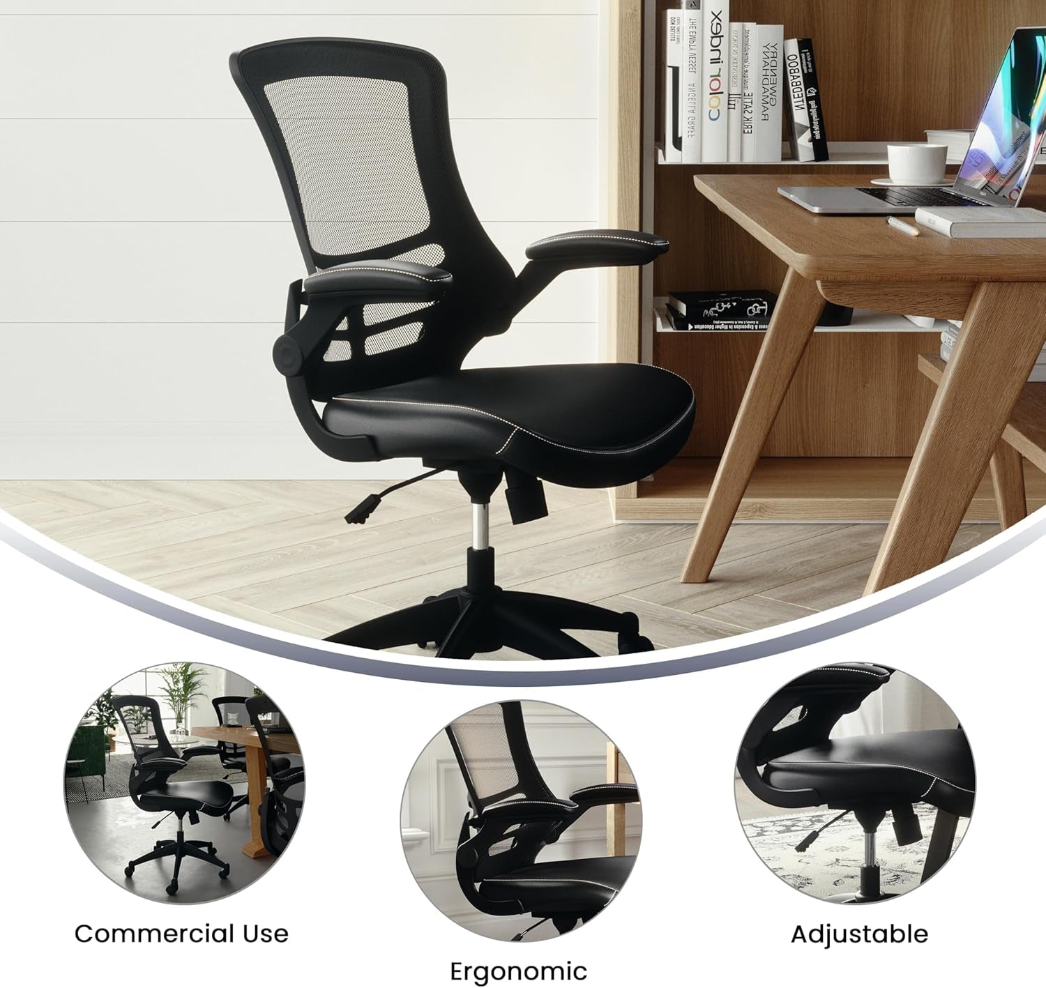 Kelista Mid-Back Swivel Office Chair with Adjustable Seat Height, Ergonomic Mesh Desk Chair with Leathersoft Seat, Black-3