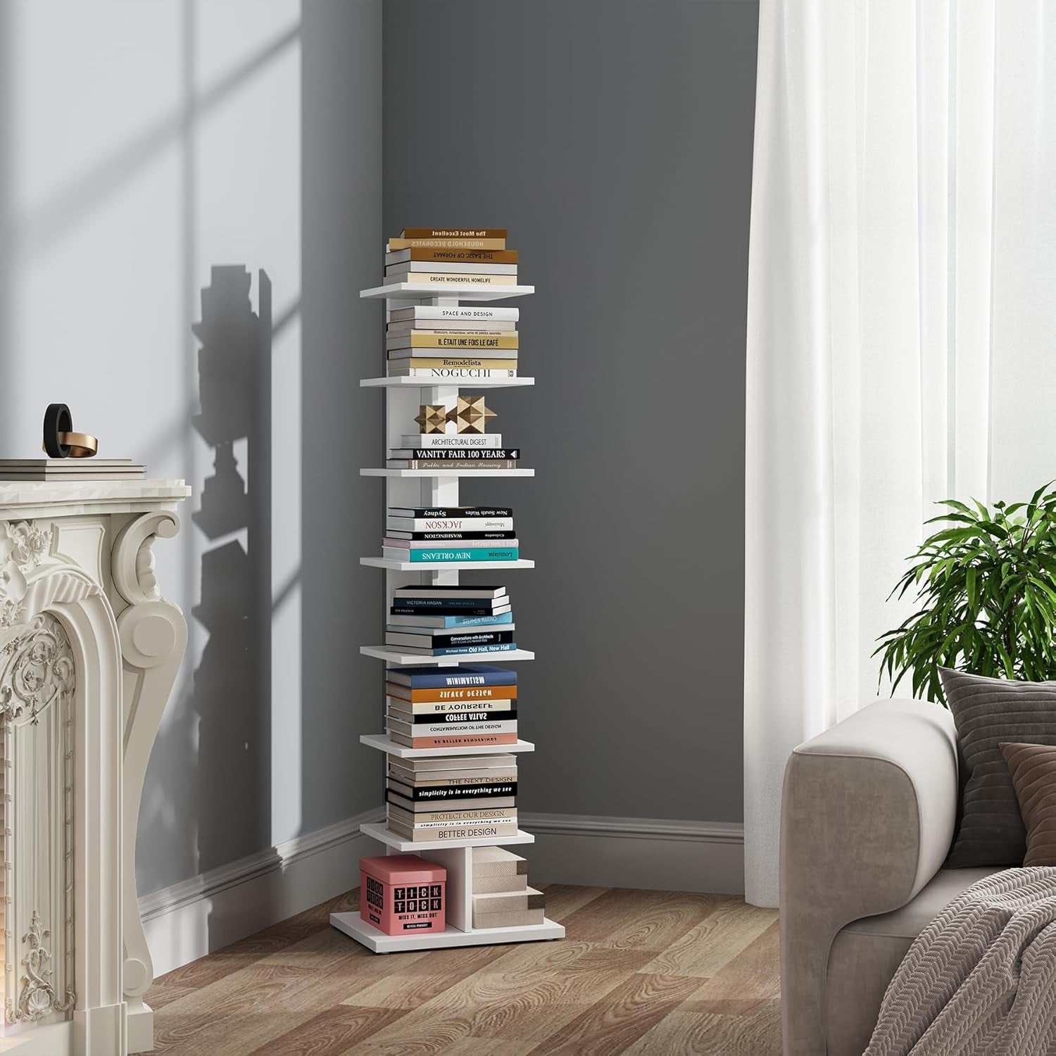 Vertical Bookshelf, 8-Tier Bookcase, Narrow Spine Book Shelf for Small Space, Corner Standing Shelf for Living Room, Office, Study, Entryway, White BS06BW008-0