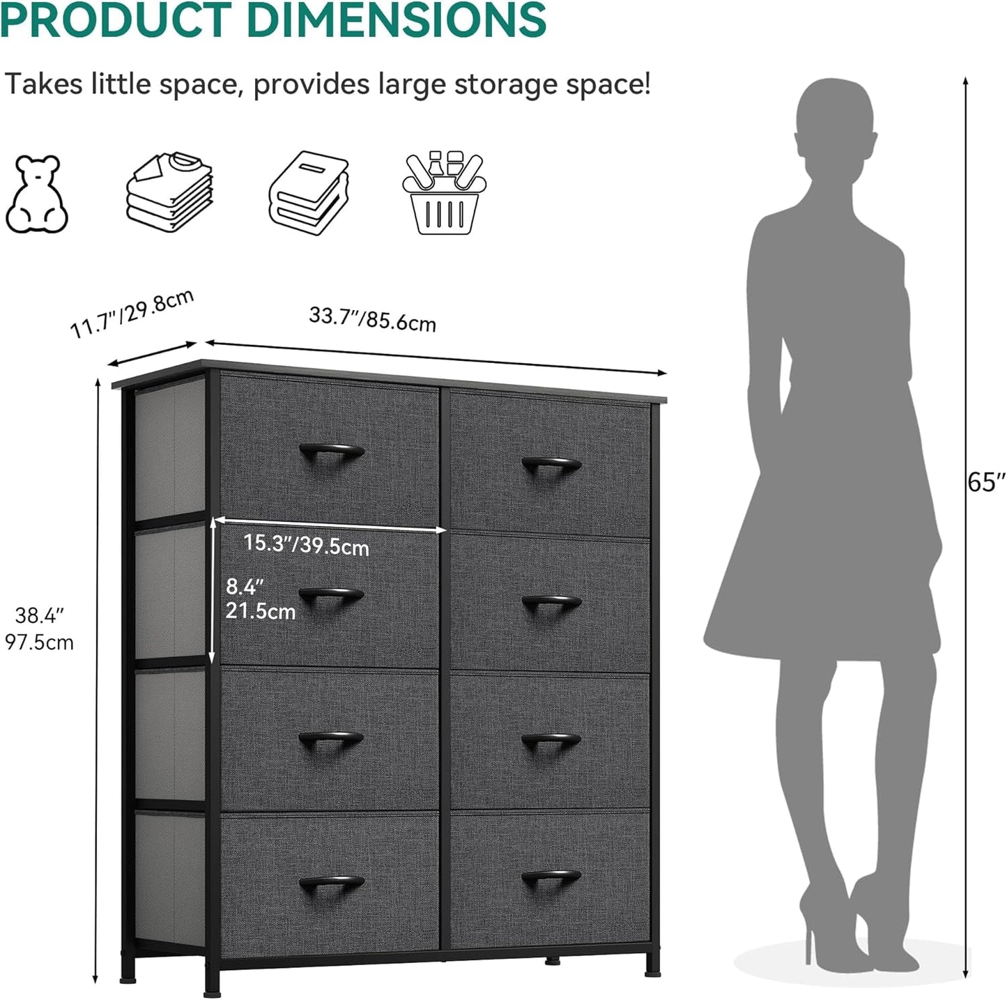 Dresser for Bedroom, Tall Dresser with 8 Drawers, Storage Tower with Fabric Bins, Chest of Drawers for Closet & Living Room-2