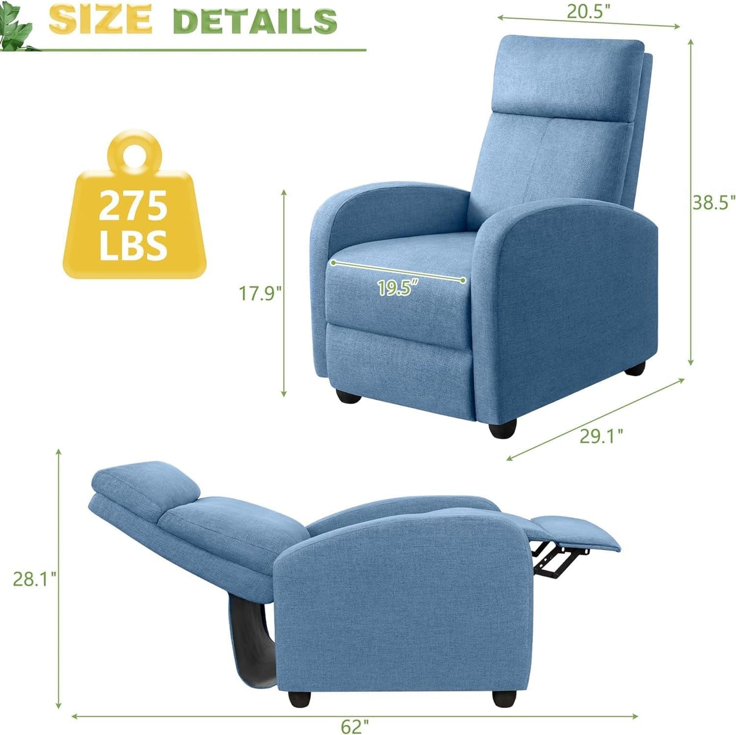 Massage Recliner Chair for Living Room Adjustable Fabric Reclining Chair Home Theater Seating Modern Winback Single Sofa for Adults with Footrest (Blue)-2