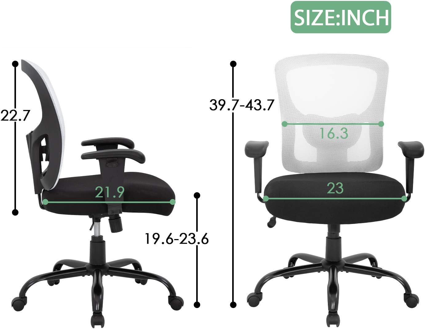 Big and Tall Office Chair 400Lbs Desk Chair Mesh Computer Chair with Lumbar Support Wide Seat Adjust Arms Rolling Swivel High Back Task Executive Ergonomic Chair for Home Office (White)-2