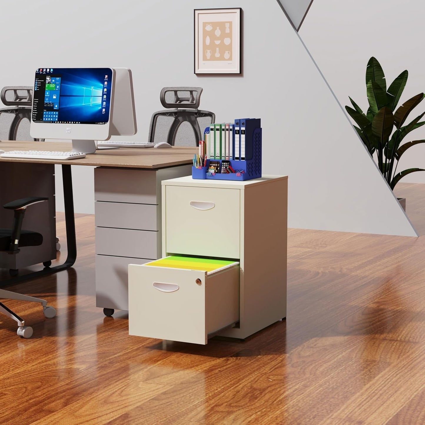 Metal 2 Drawer File Cabinet, Vertical File Cabinet with Lock, Filing Cabinets for Hanging Letter Size, Cream Locking File Cabin, Light Duty Storage Cabinet for Home Office - Assembly Required-1