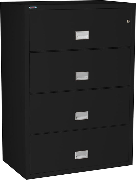 Lateral 38 Inch 4-Drawer Fireproof File Cabinet with Key Lock, Water Seal, Black,-0