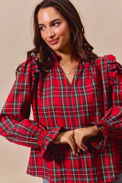 SO ME Christmas Checkered Plaid Smocked Blouse