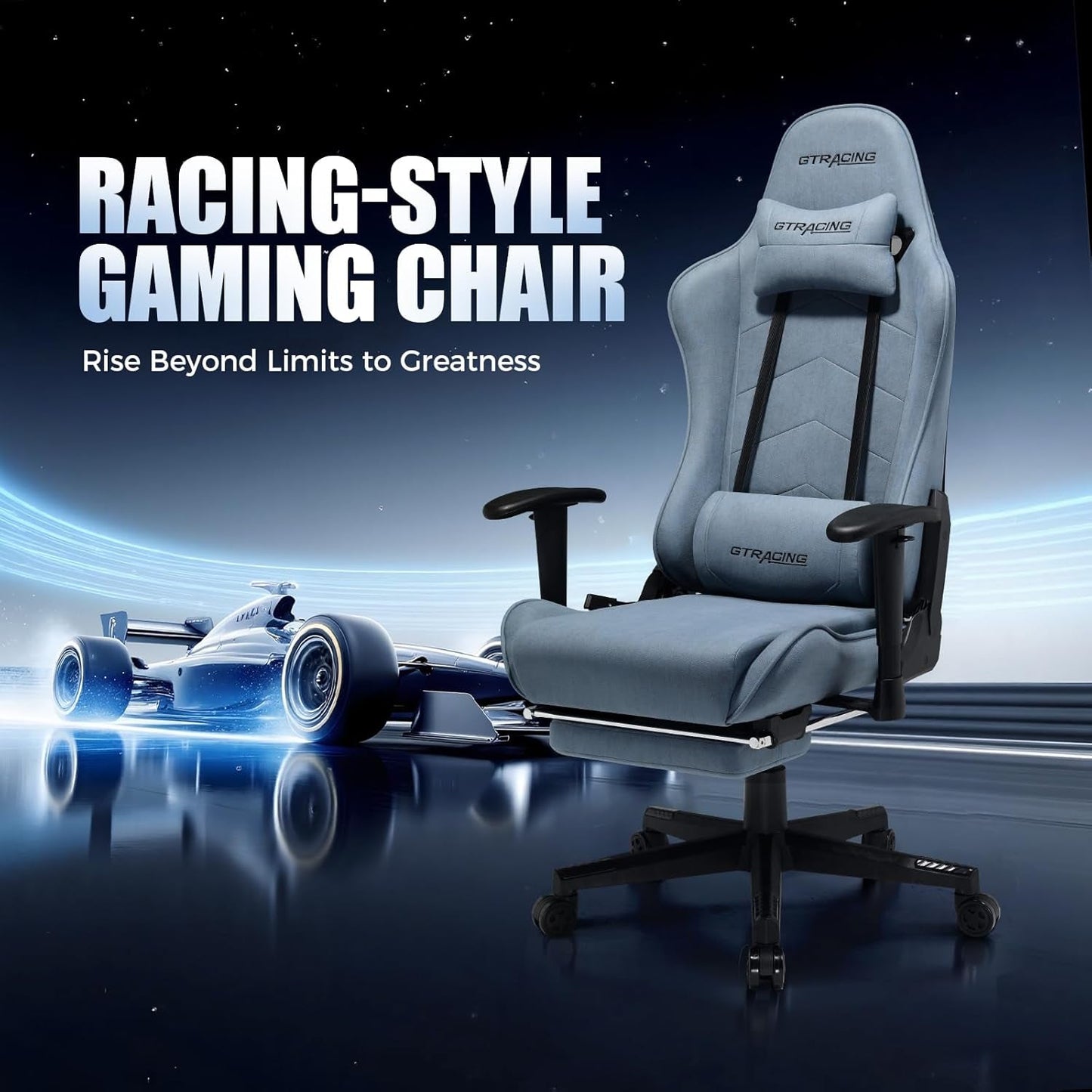 Gaming Chair Breathable Fabric, Racing Style Computer Chair for Adult, Adjustable Reclining Backrest and Lumbar Support, Stylish High Back Chair for Gaming and Office (Light Blue)-2