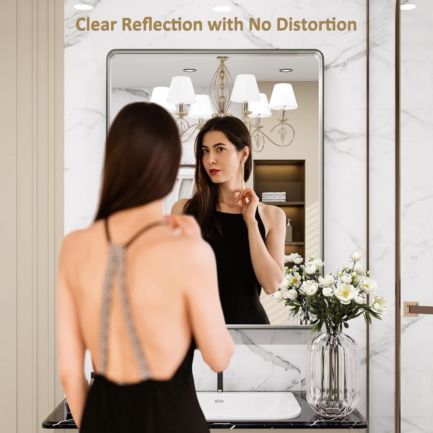 24X30 Inch Brushed Nickel Bathroom Mirror, Rounded Rectangle Silver Metal Frame Mirror, Brushed Nickel, Anti-Rust, Shatter Proof, Hangs Horizontally or Vertically-1