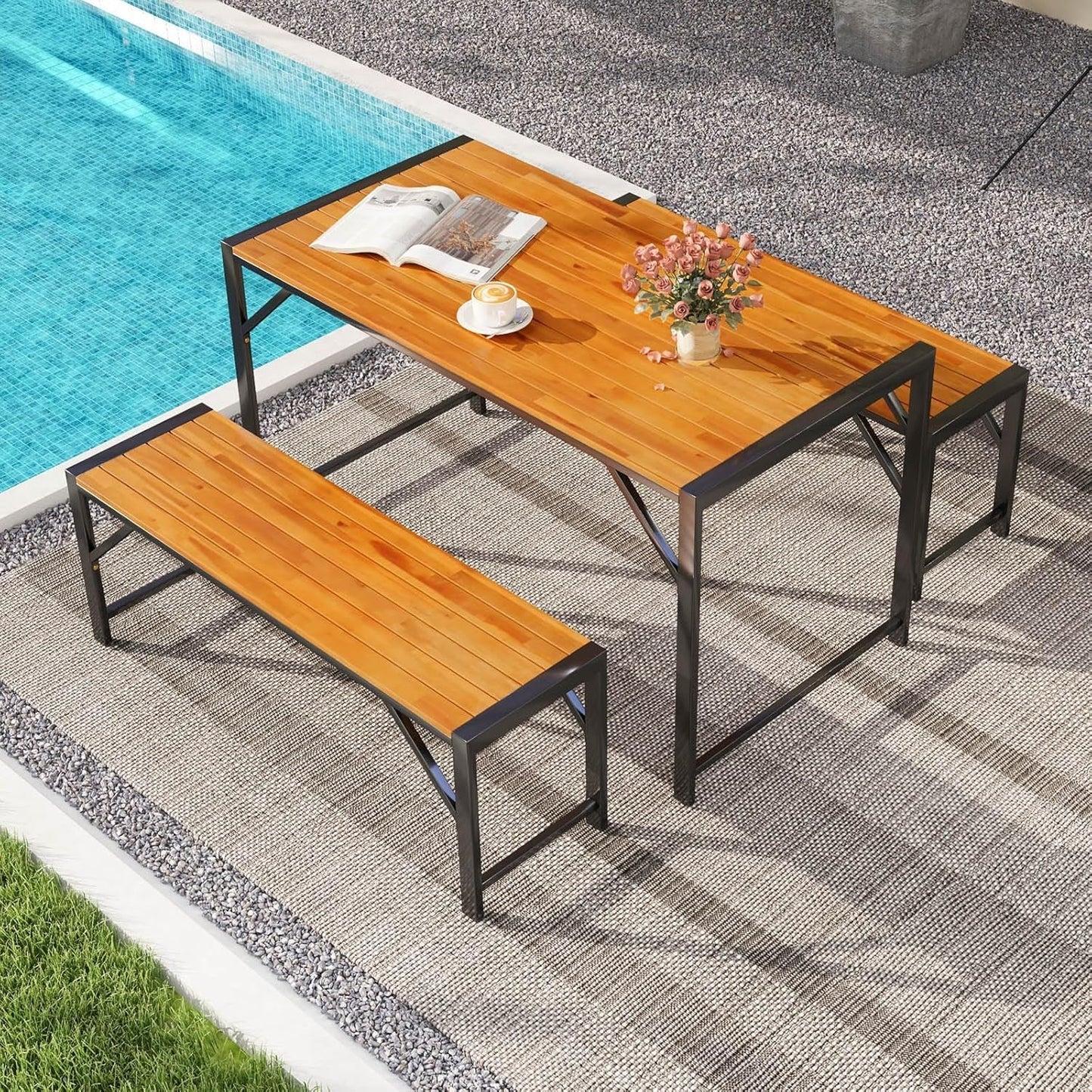 3 Pieces Patio Dining Set for 6 People, Outdoor Picnic Table & 2 Benches, 53” Acacia Wood Dining Table W/Metal Frame, Space-Saving Dinette Set for Garden Porch Poolside Yard Balcony-1