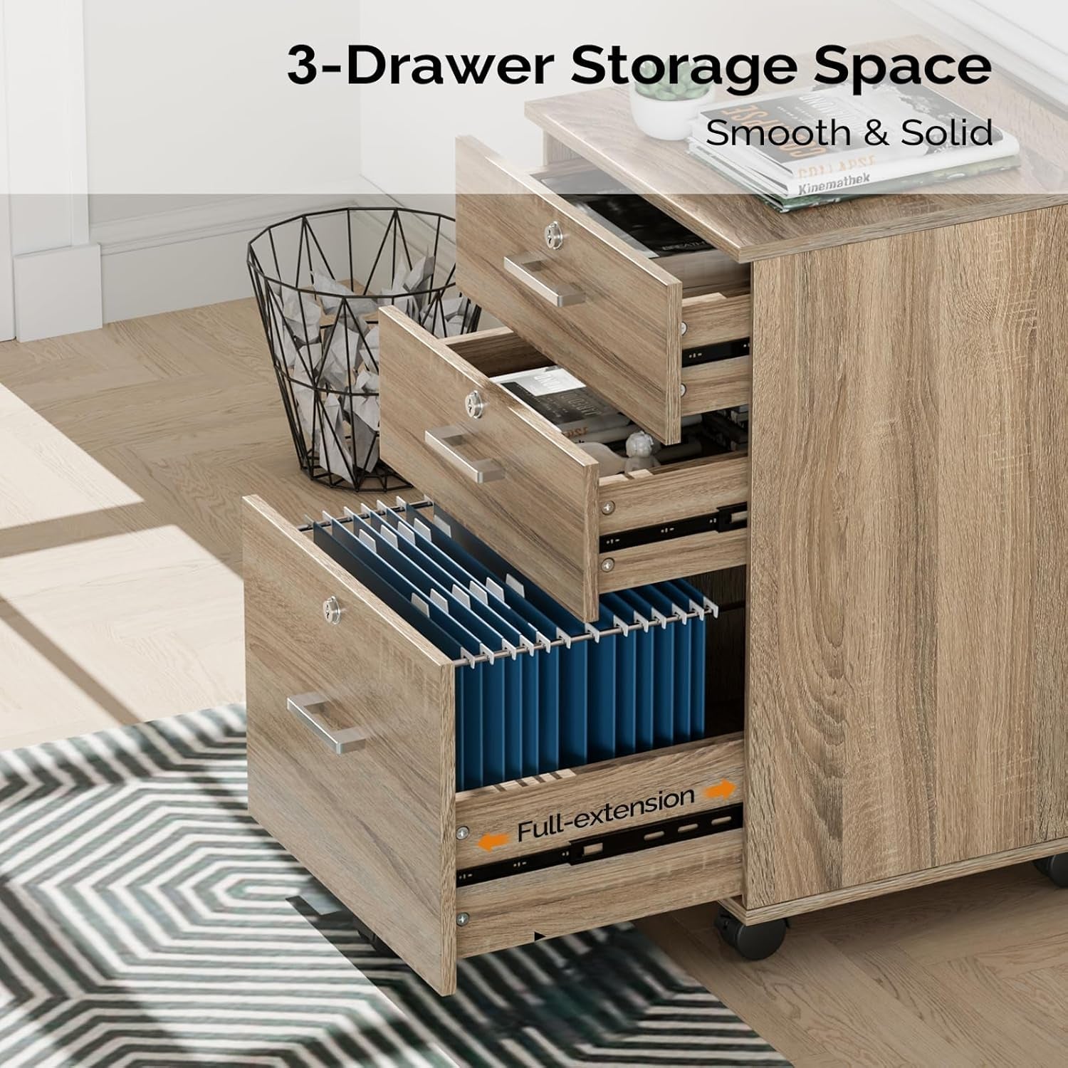 3-Drawer File Cabinet with Lock, Wood Rolling File Cabinet under Desk File Cabinets for Home Office, Mobile Printer Stand & File Cabinet for Letter Sized Files, 26" H(Caster Included), Oak-3