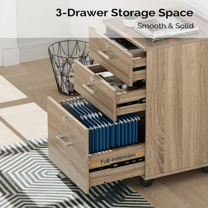 3-Drawer File Cabinet with Lock, Wood Rolling File Cabinet under Desk File Cabinets for Home Office, Mobile Printer Stand & File Cabinet for Letter Sized Files, 26" H(Caster Included), Oak-3